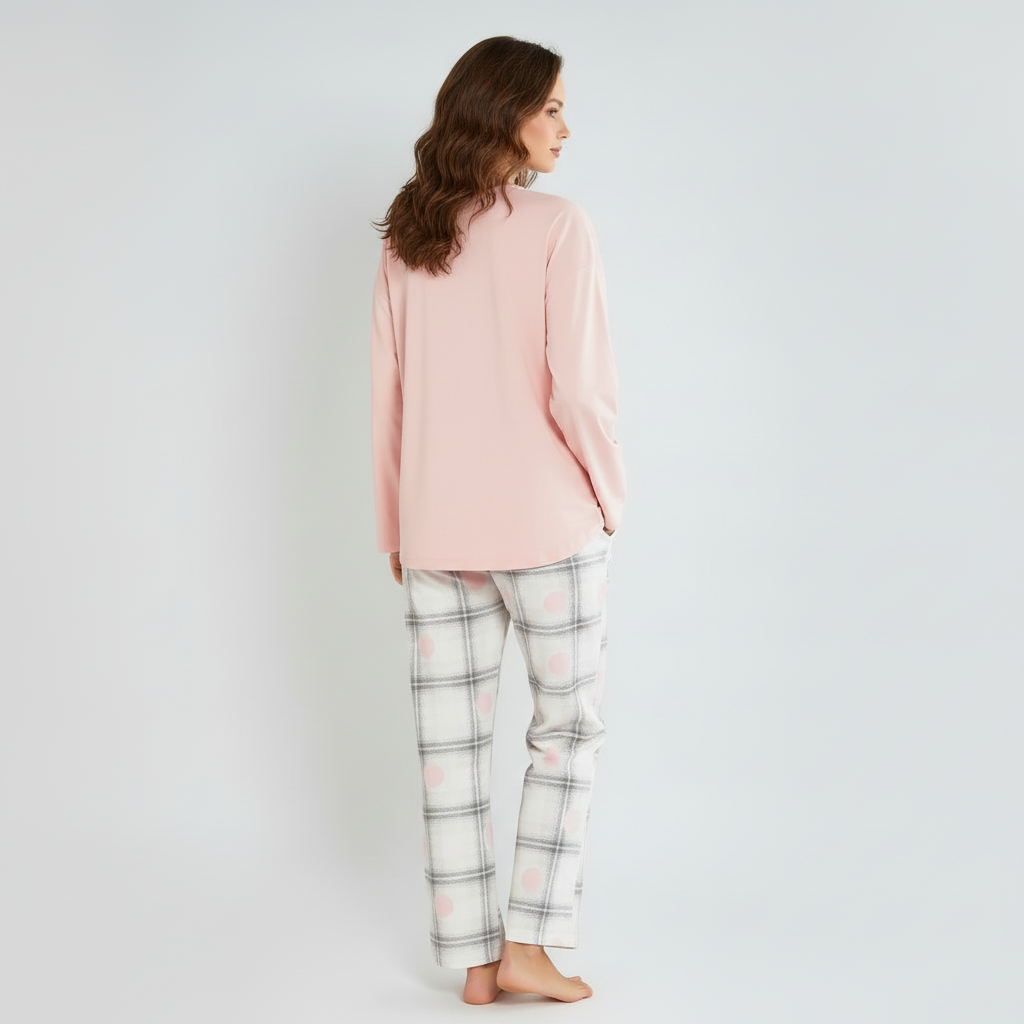 Full Sleeves Cotton Night Suit Set - Pink & Grey