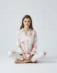 Full Sleeves Cotton Button Down Night Suit Set - Pink Spray