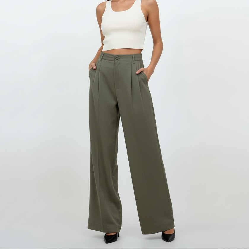 High Rise Wide Chic Pants - Dark Khaki