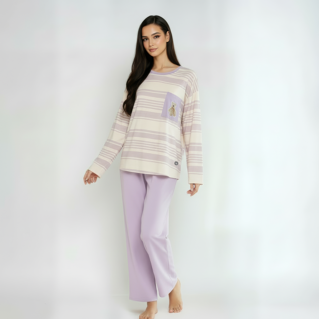 Full Sleeves Cotton Night Suit Set - Purple & Ivory