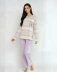 Full Sleeves Cotton Night Suit Set - Purple & Ivory