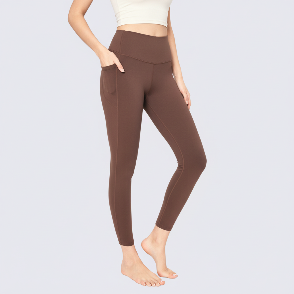 High-Rise Leggings With Side-Pockets - Brown