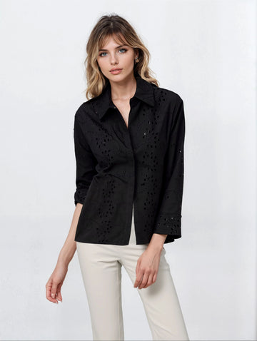 Stylish Pattern Cut-Out Blouse - Black