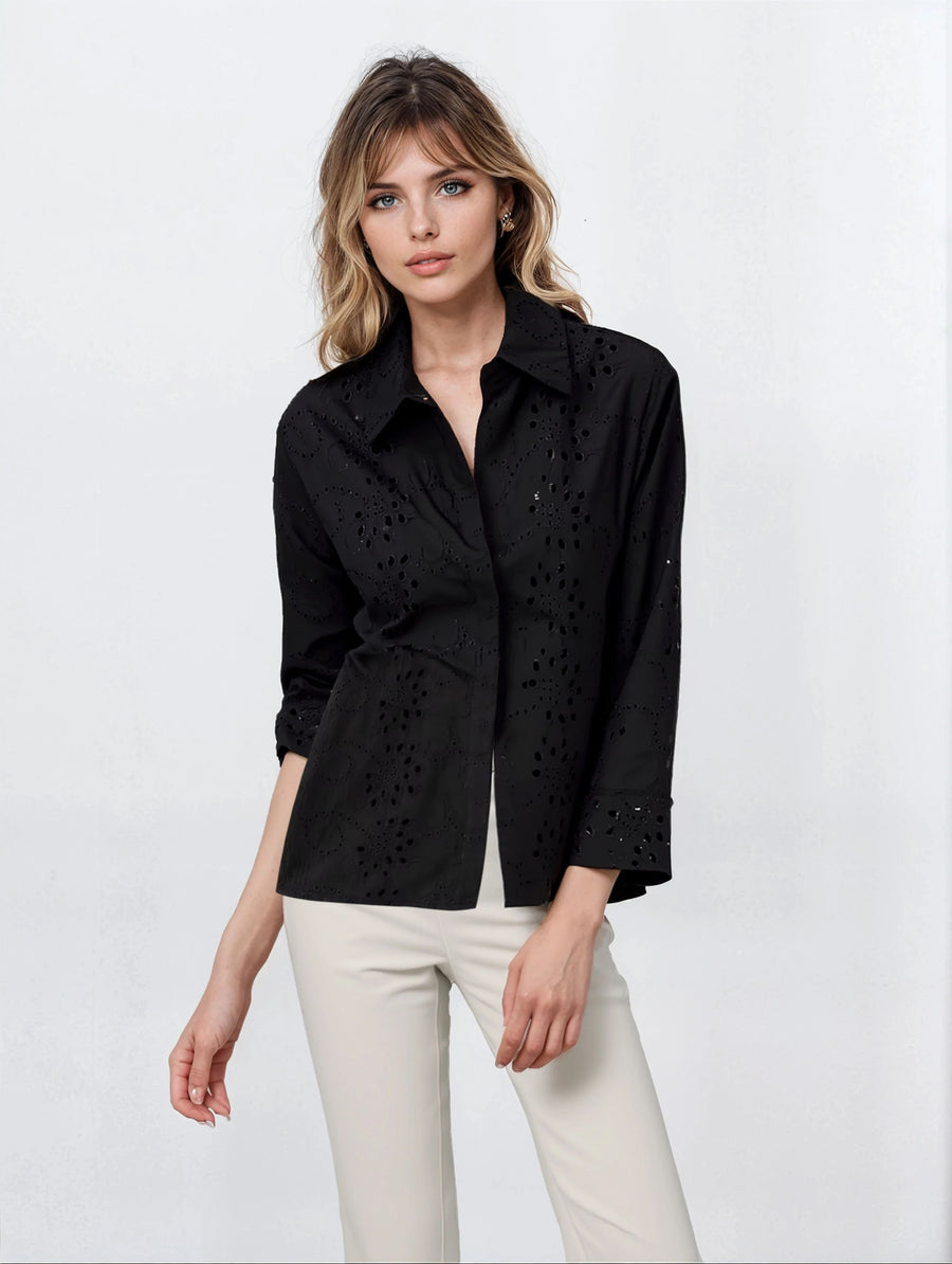 Stylish Pattern Cut-Out Blouse - Black