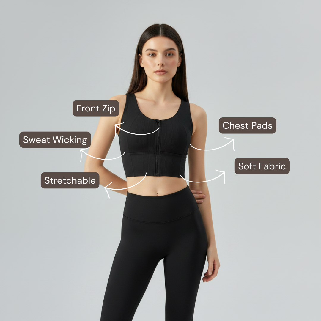 Front Zip Sports Bra - Black